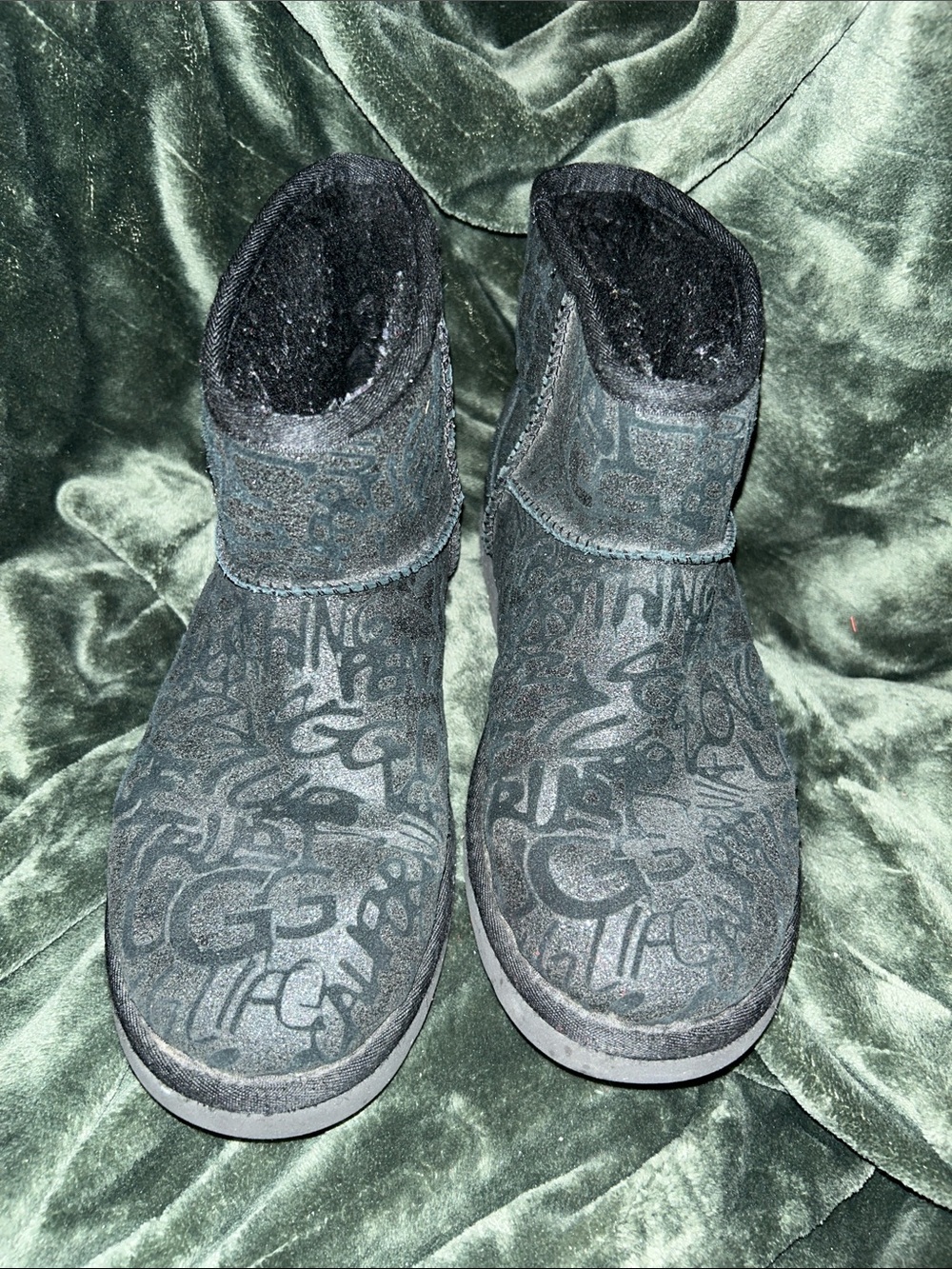 UGG Black Patterned Winter Booties with Plush Lining